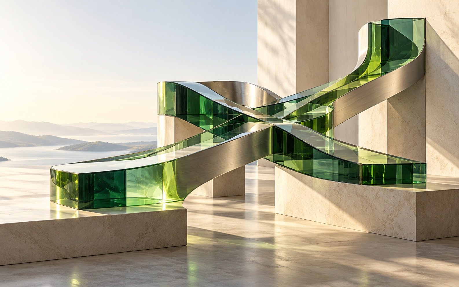 Green glass pathways connecting architectural planes