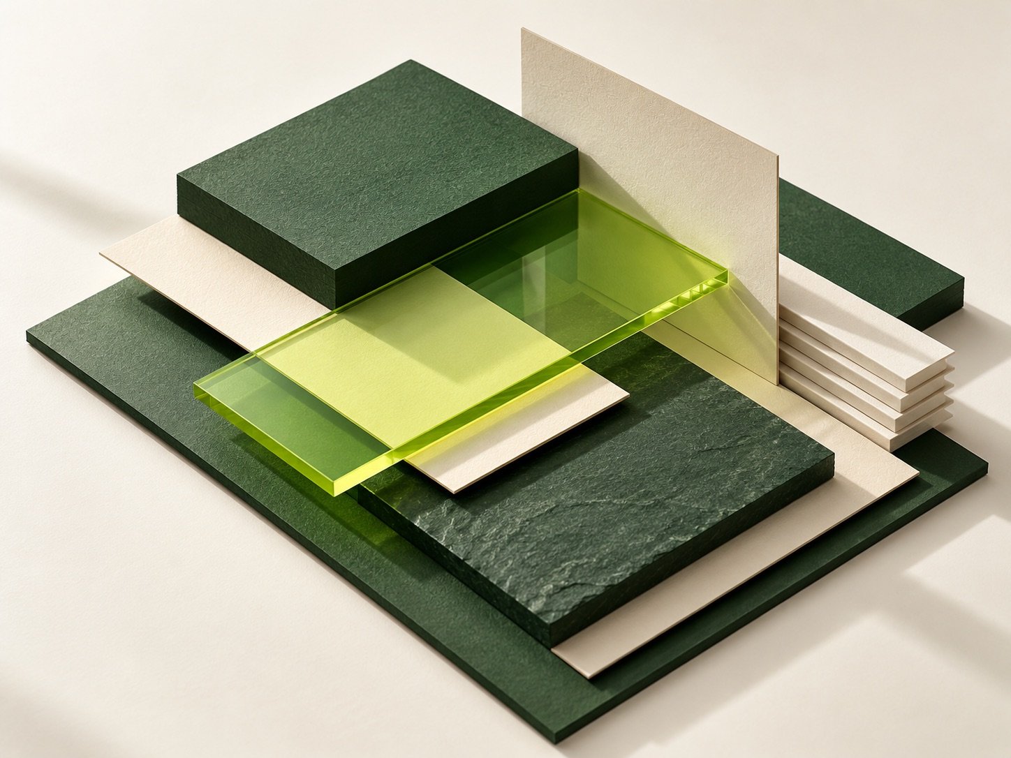 Green and cream architectural layers joined by a lime glass plane